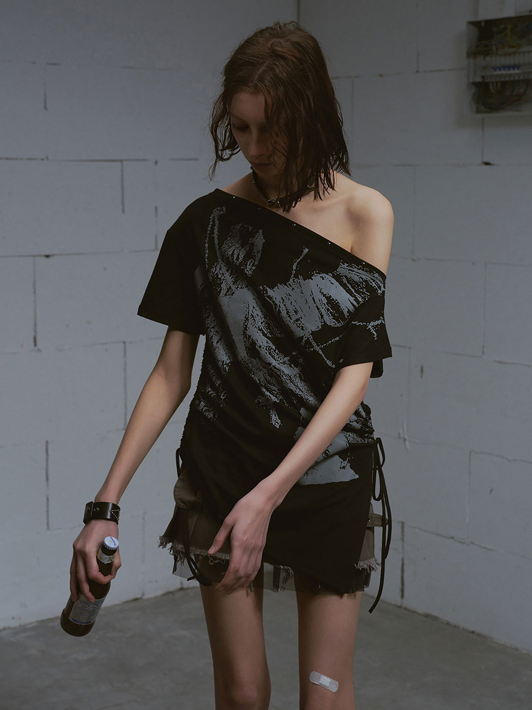 CestNous|Off Shoulder Drawstring Oversize Print Tee-Black - PSYLOS 1, CestNous|Off Shoulder Drawstring Oversize Print Tee-Black, T-Shirt, CestNous, PSYLOS 1